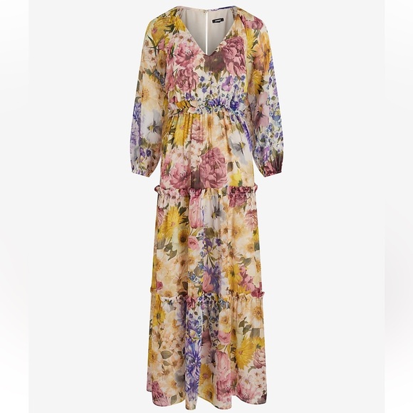 NWT Express XL Multi Floral V-Neck Long-sleeve Tiered Ruffle Maxi Dress - Picture 5 of 6